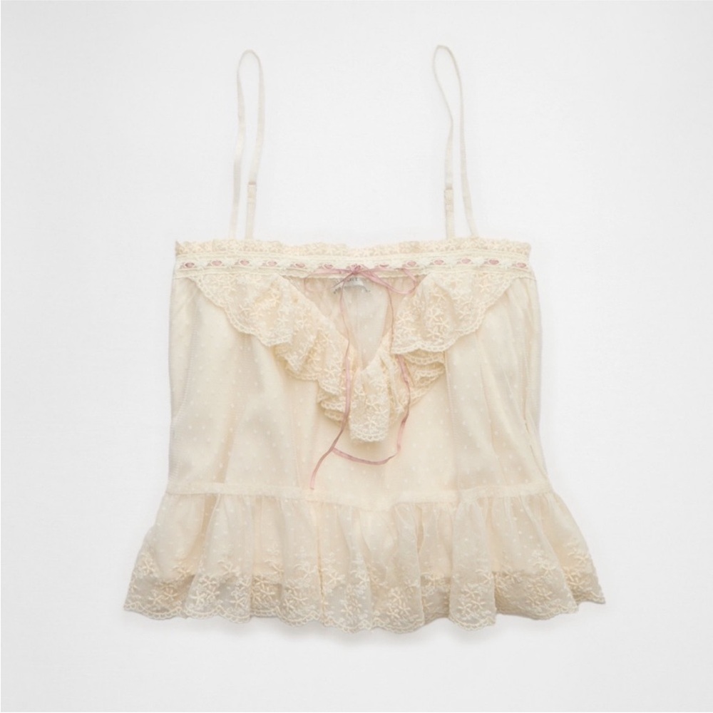 American Eagle NWT AE Mesh Ruffle Cami - Cream - Picture 3 of 4